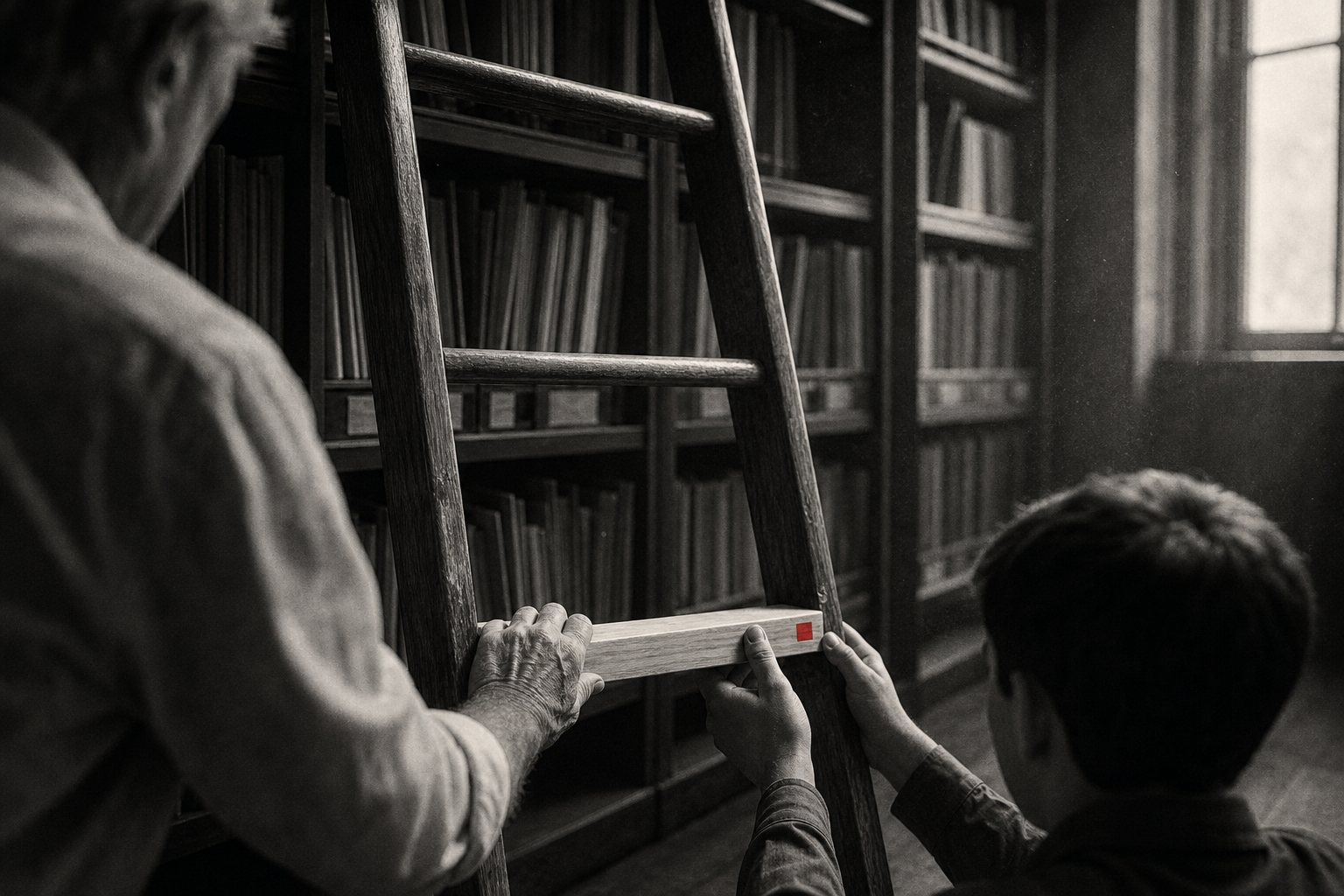 Black-and-white photo of an older colleague and a younger one, seen from behind, fitting a new pale wooden rung onto the bottom of a library ladder against archive shelves, with a small red square on the new rung.