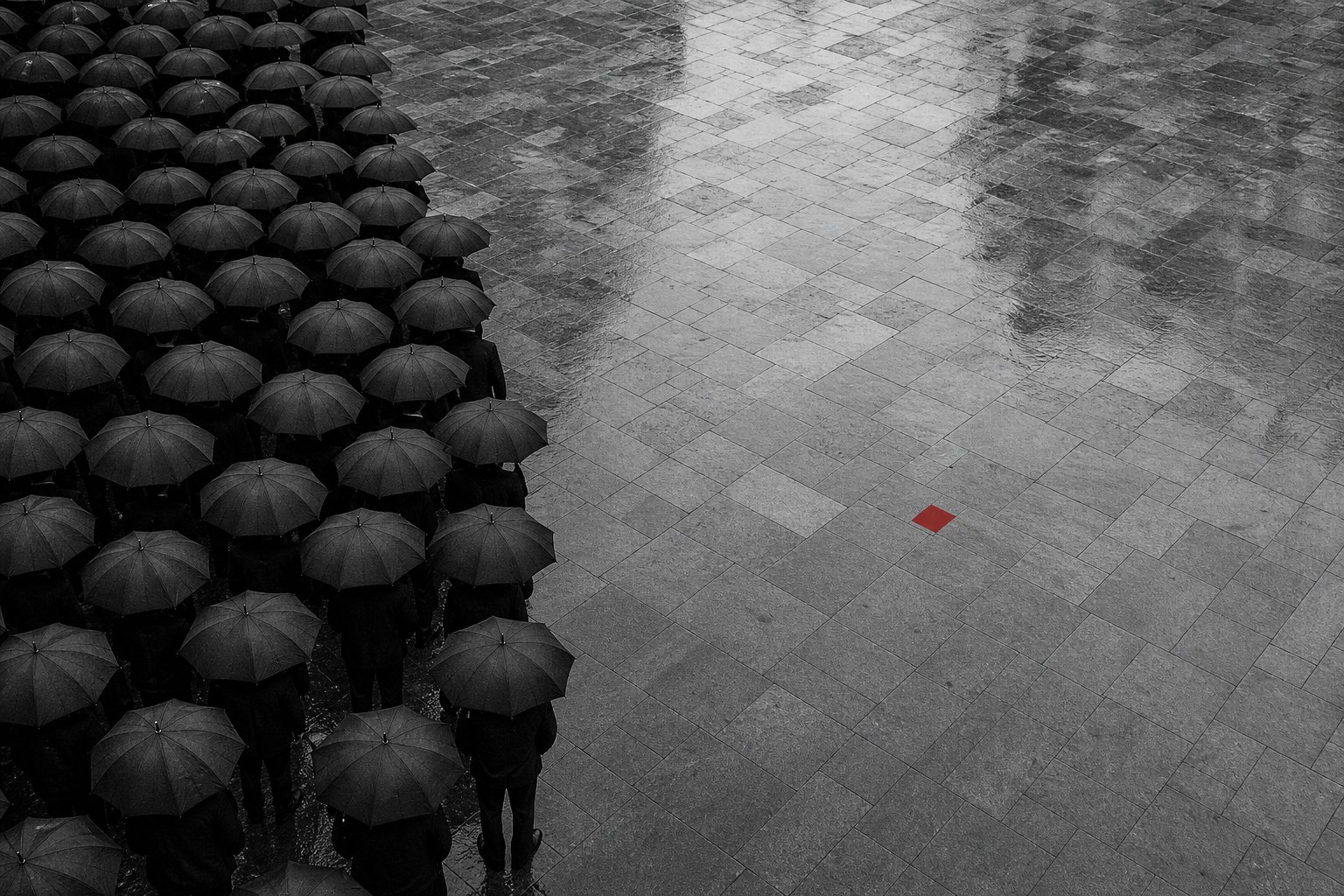 Black-and-white overhead photo of a crowd holding identical black umbrellas packed along one side of a wet paved square, leaving the rest empty except for a single red paving tile.