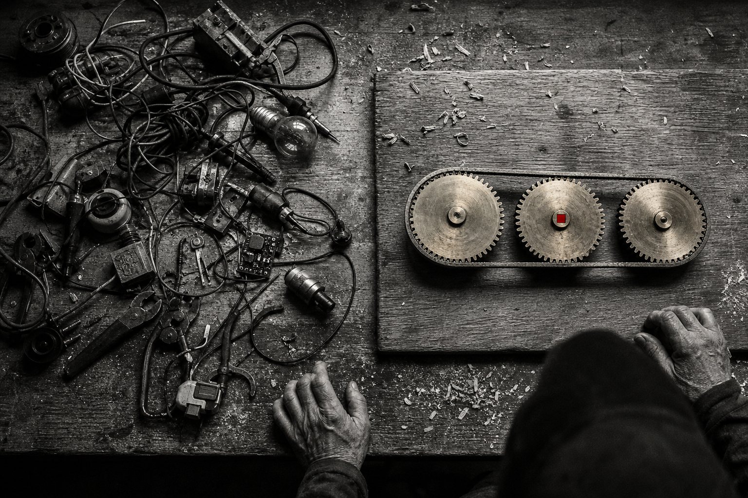 Black-and-white overhead photo of a workbench with a tangle of unconnected gadgets, cables and tools on one side and three meshed gears joined by a single belt on the other, the middle gear marked with a small red square.