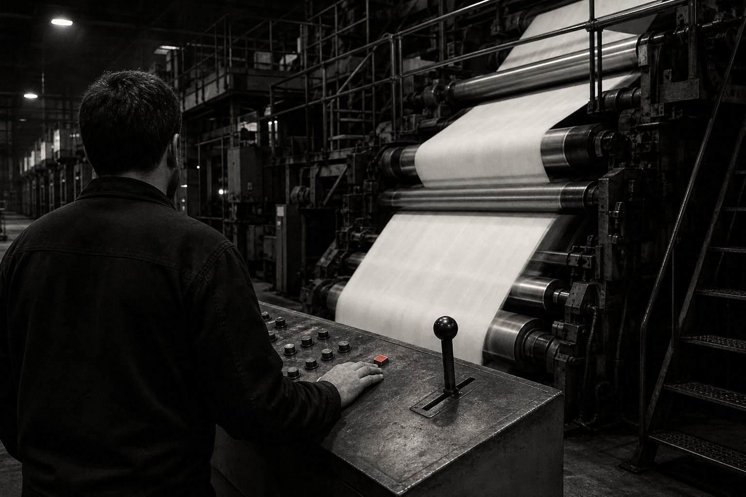 Black-and-white photo of a technician, seen from behind, resting a hand beside a small red button on a control panel while a vast automated printing press runs at speed.