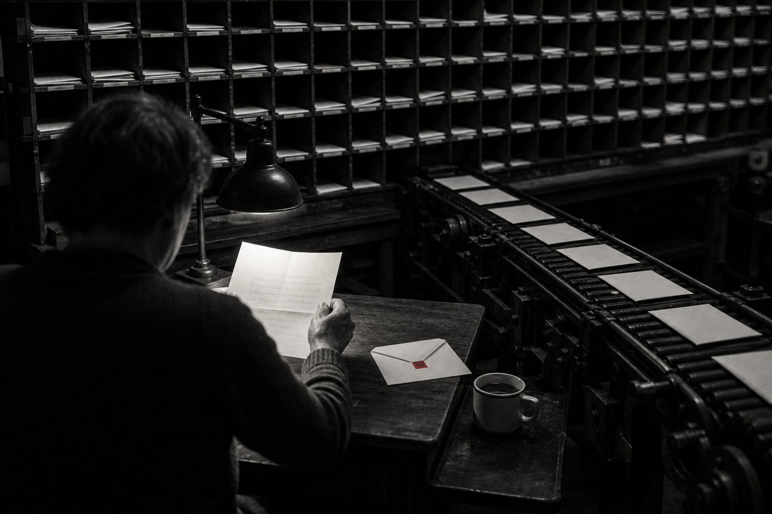Black-and-white photo of a post-room sorting conveyor and walls of pigeonholes filled with envelopes, while a person seen from behind reads a single letter under a lamp beside an envelope with a small red seal.