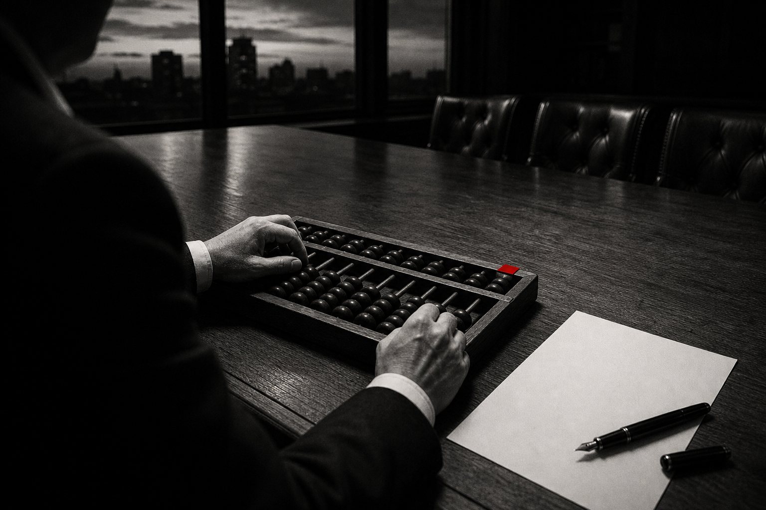 Black-and-white photo of a person's hands, seen from behind, working an old abacus on an empty boardroom table beside a blank sheet and a fountain pen, with a small red square on the abacus frame.