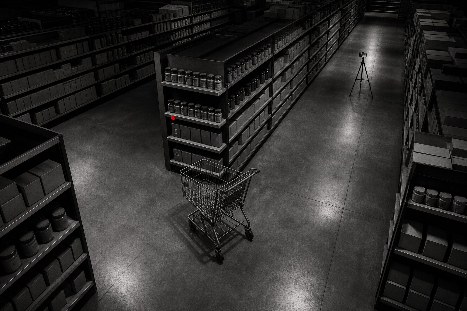 Black-and-white high-angle photo of a lone shopping trolley at the crossroads of empty supermarket aisles at night, with a phone on a tripod down one aisle and a single small red shelf tag.