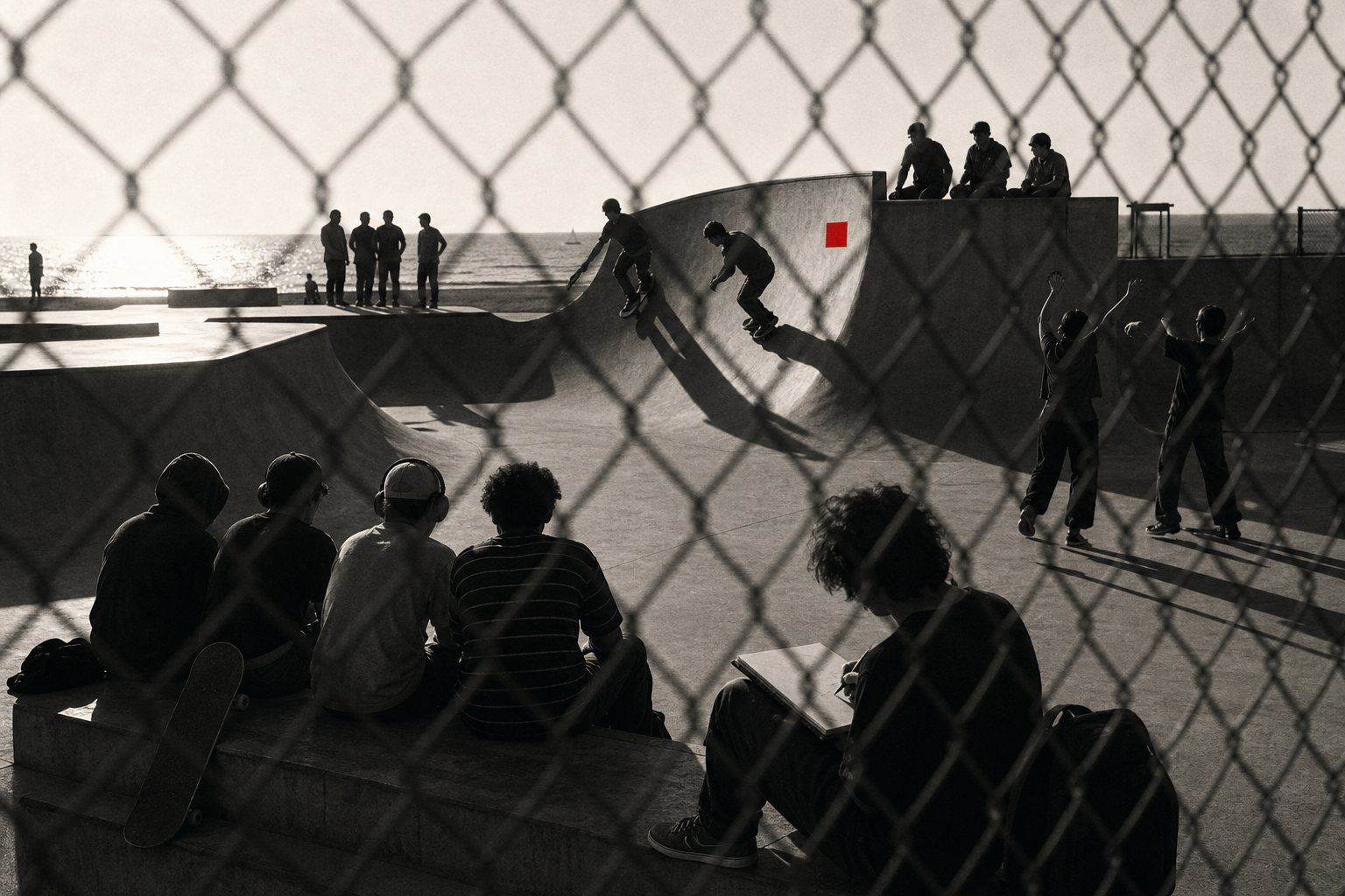 Black-and-white photo through a chain-link fence of a skate park where separate groups of young people skate, dance, sketch and share headphones, with a small red square painted on the ramp.