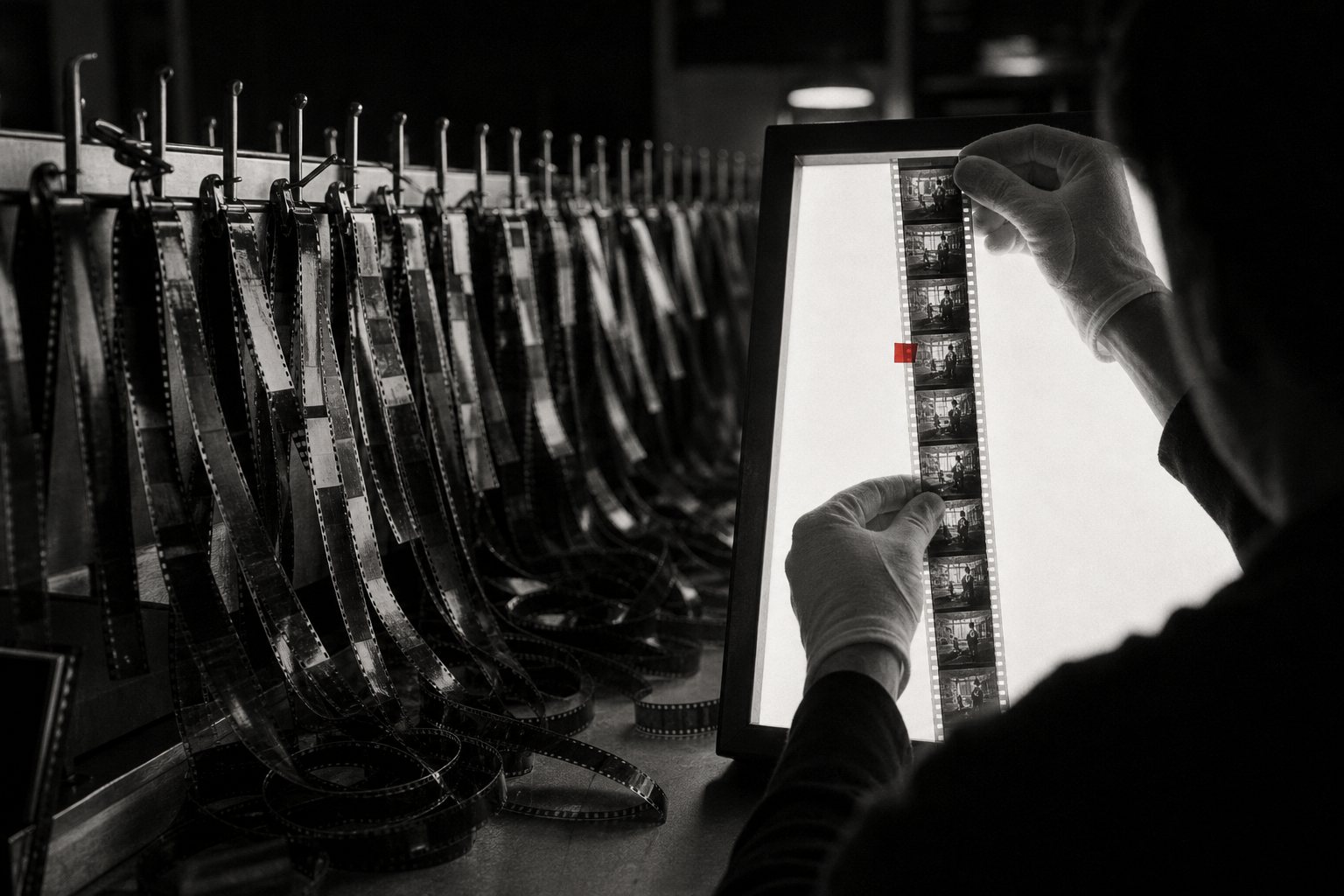 Black-and-white photo of gloved hands holding a strip of film to a light box in front of a rack hung with dozens of cut film strips, with a small red tab marking the strip.