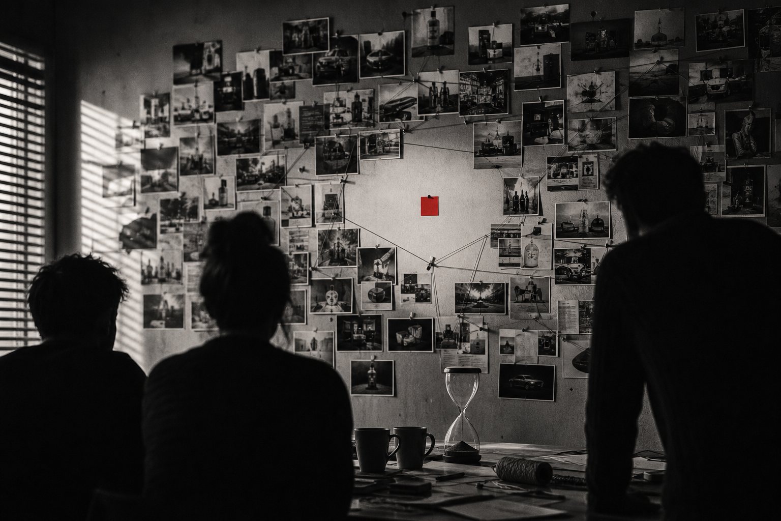 Black-and-white photo of three silhouetted people facing a pitch-room wall covered in pinned competitor ad prints linked by threads, with one empty gap holding a single red note and an hourglass on the table.