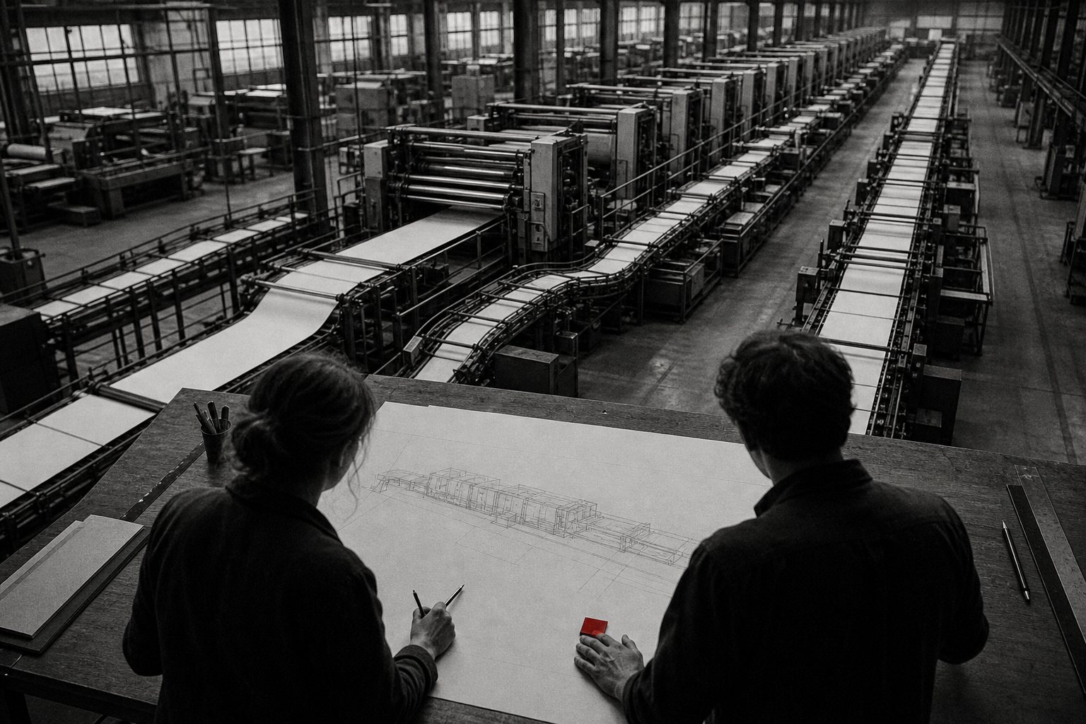 Black-and-white photo of two people seen from behind at a drafting table, sketching a plan of the automated printing presses running unattended in the hall below, a small red square under one hand.