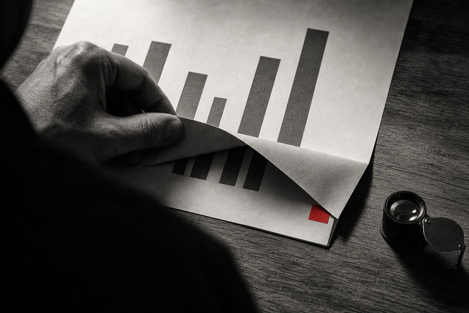 Black-and-white close-up of a hand lifting the folded-back half of a bar-chart report to reveal hidden bars, with a red tab peeking out and a jeweller's loupe on the desk.