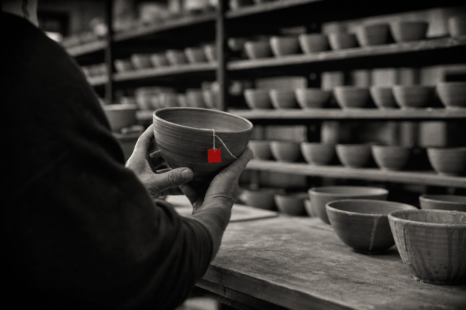 Black-and-white photo of a potter's hands inspecting a single hand-thrown bowl marked with a red tag, in front of shelves of identical mass-produced bowls.