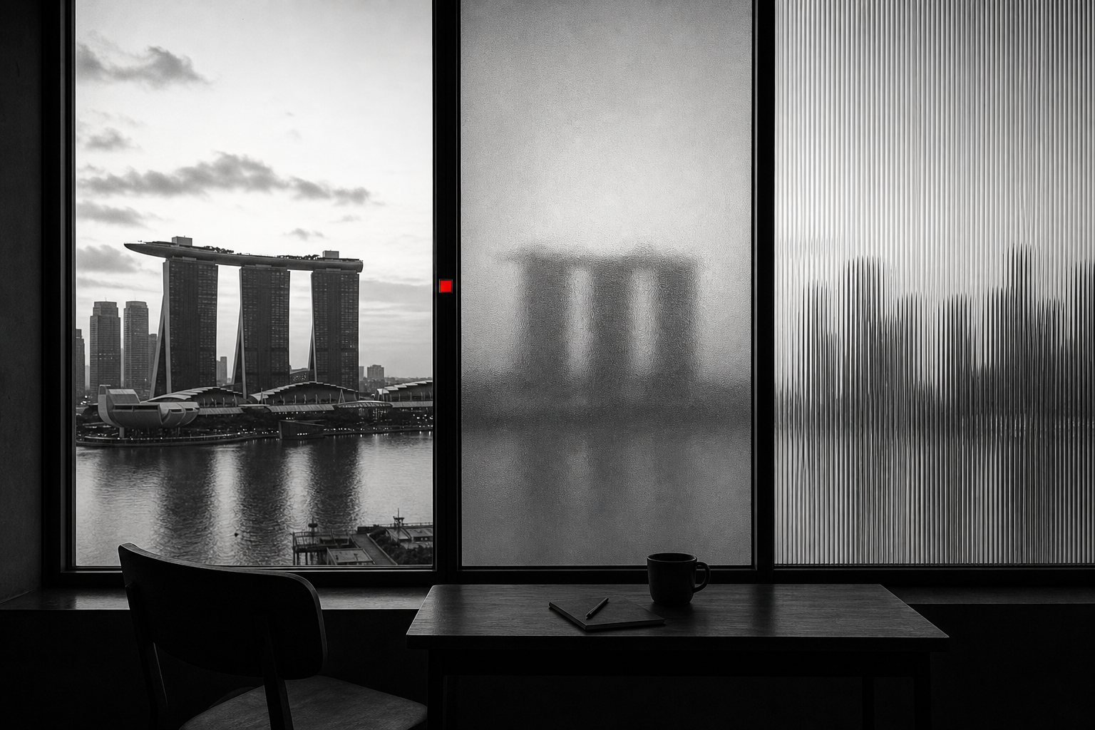 Black-and-white view of Singapore's Marina Bay skyline through a window of clear, frosted and ribbed glass panes, each showing the city differently, with a small red square on the frame.