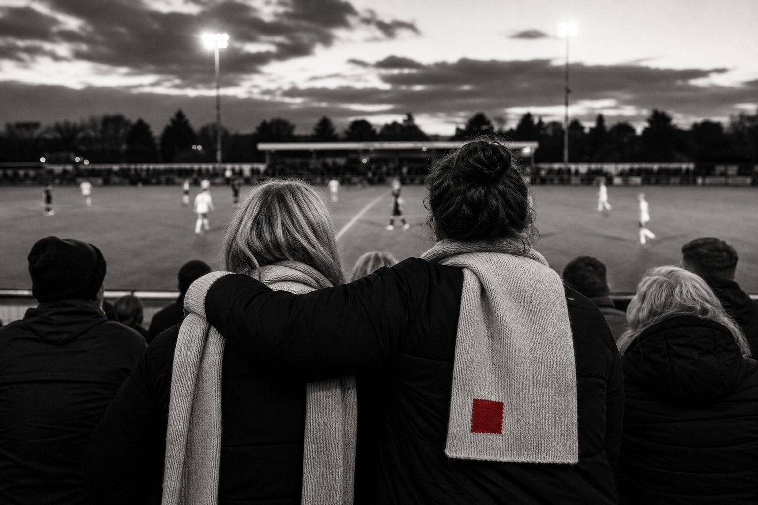 Black-and-white photo of two supporters seen from behind with arms around each other at a women's football match at dusk, one plain scarf carrying a small red square patch.