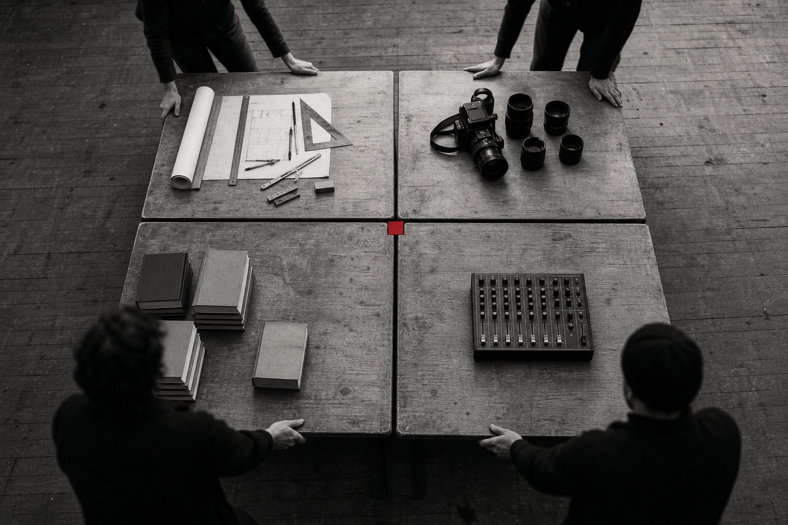 Overhead black-and-white photo of four desks holding drafting tools, a camera, books and a sound mixer being pushed together into one table, a red square where their corners meet.