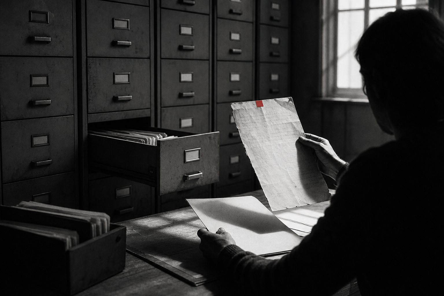 Black-and-white photo of a person seen from behind holding an original document with a red tab, taken from an open drawer in a wall of filing cabinets, beside a summary sheet.