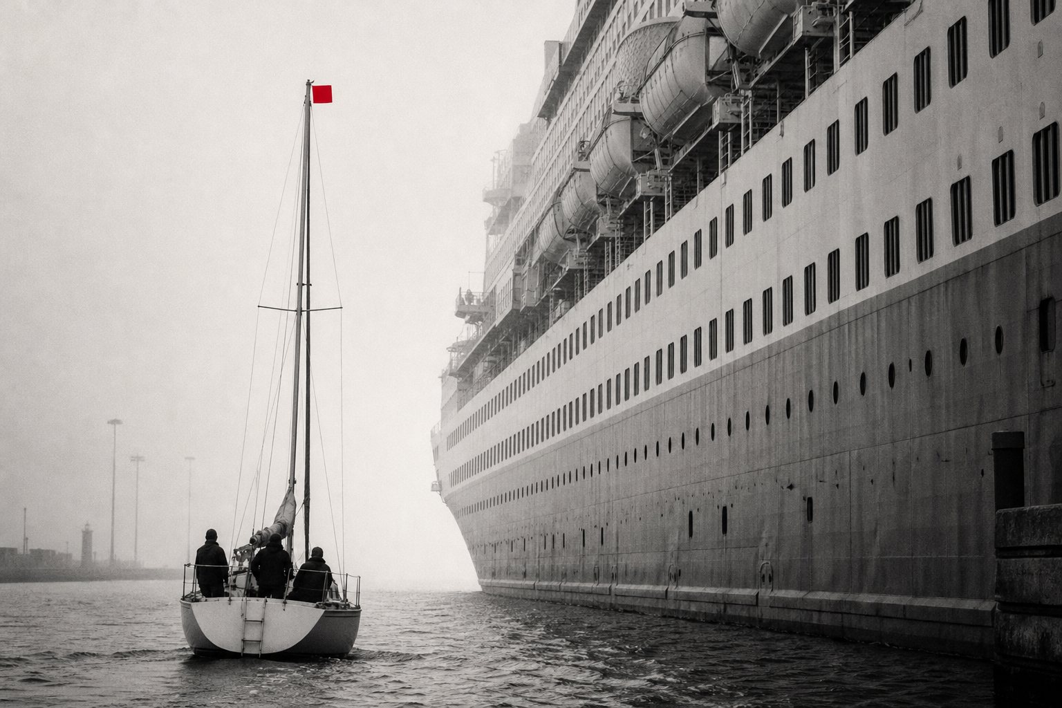 Black-and-white photo of a small sailboat with three crew seen from behind slipping past a huge docked cruise ship in the fog, a red square flag at its masthead.