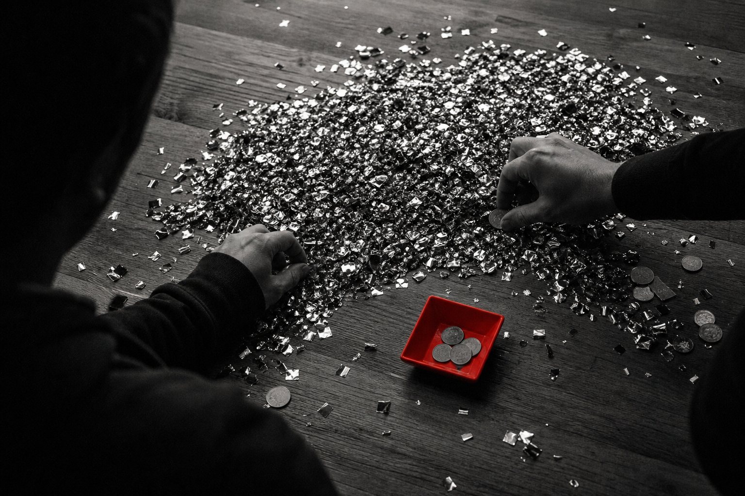 Black-and-white photo of hands sorting through a heap of shiny foil confetti to pick out a few coins, which are collected in a small red square dish.