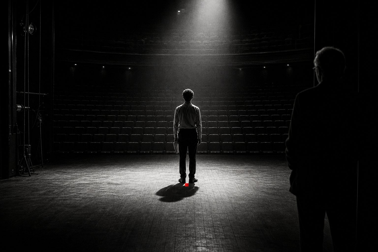Black-and-white photo of a young employee seen from behind standing alone in a spotlight on an empty theatre stage, a small red tape mark at their feet, while an older colleague waits in the wings.