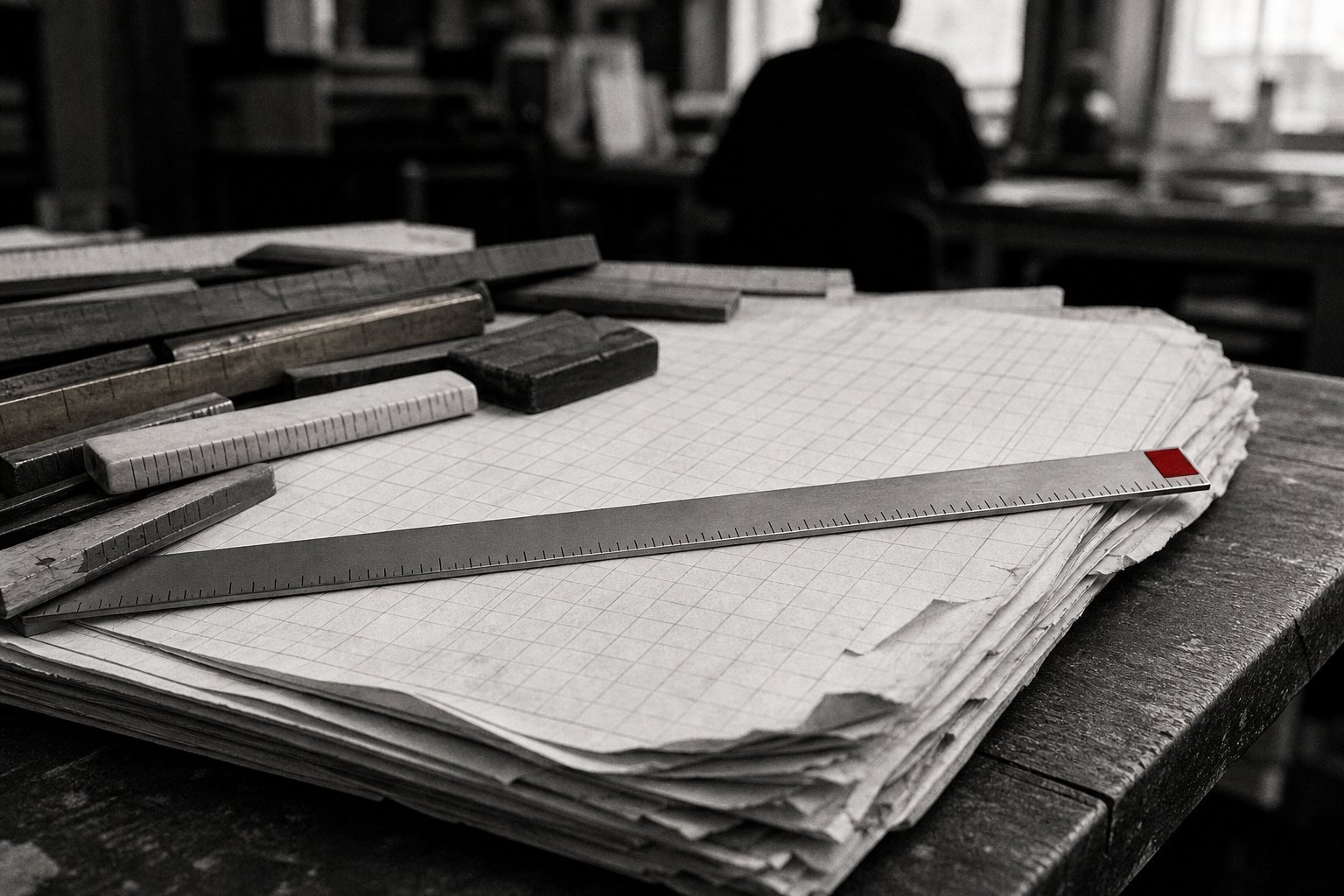 Black-and-white still life of assorted mismatched measuring strips piled on a stack of grid-paper printouts, with one long steel straightedge laid across them and a small red tab at its end.
