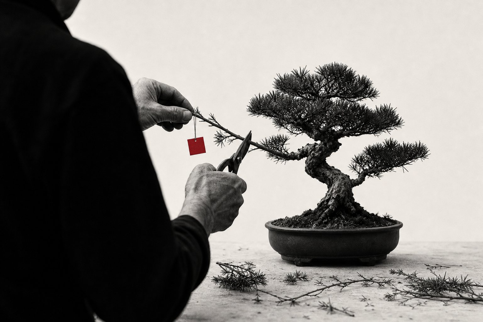 Black-and-white close-up of hands pruning an overgrown bonsai with secateurs, cut branches on the table and a small red tag tied to the branch about to be cut.