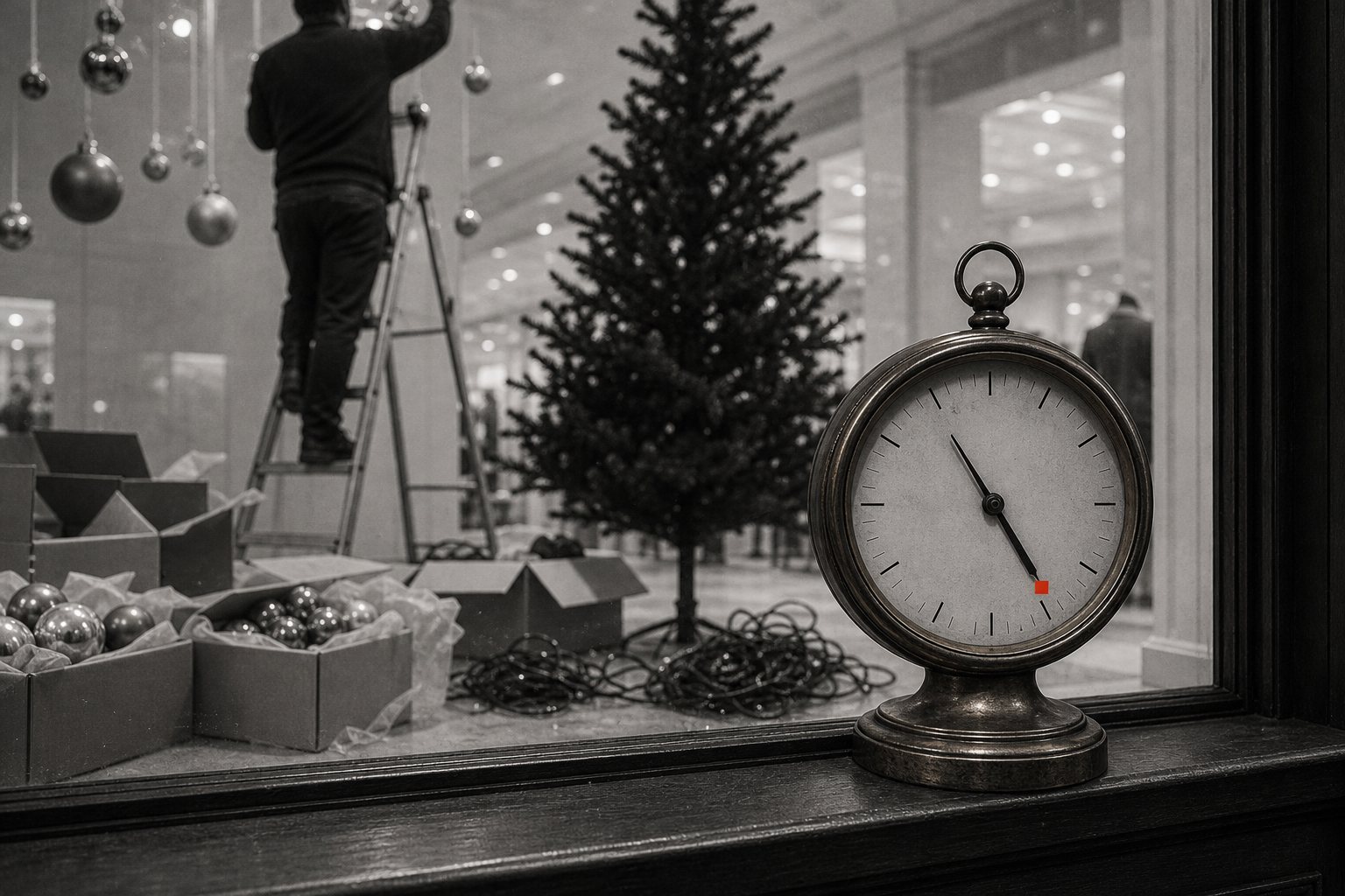 Black-and-white photo of a department-store window being dressed for Christmas, with boxes of baubles and a bare tree behind the glass and, in the foreground, a dial whose needle approaches a small red threshold mark.