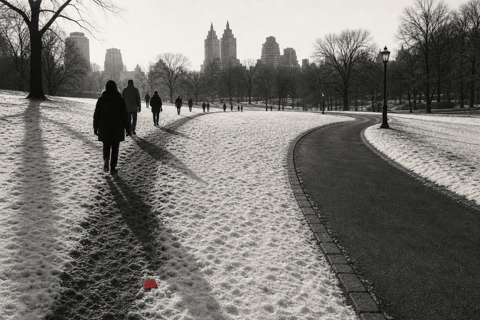 Black-and-white photo of people seen from behind walking across a snowy park on a trodden shortcut while the paved path curves away empty, a small red square lying in the snow.