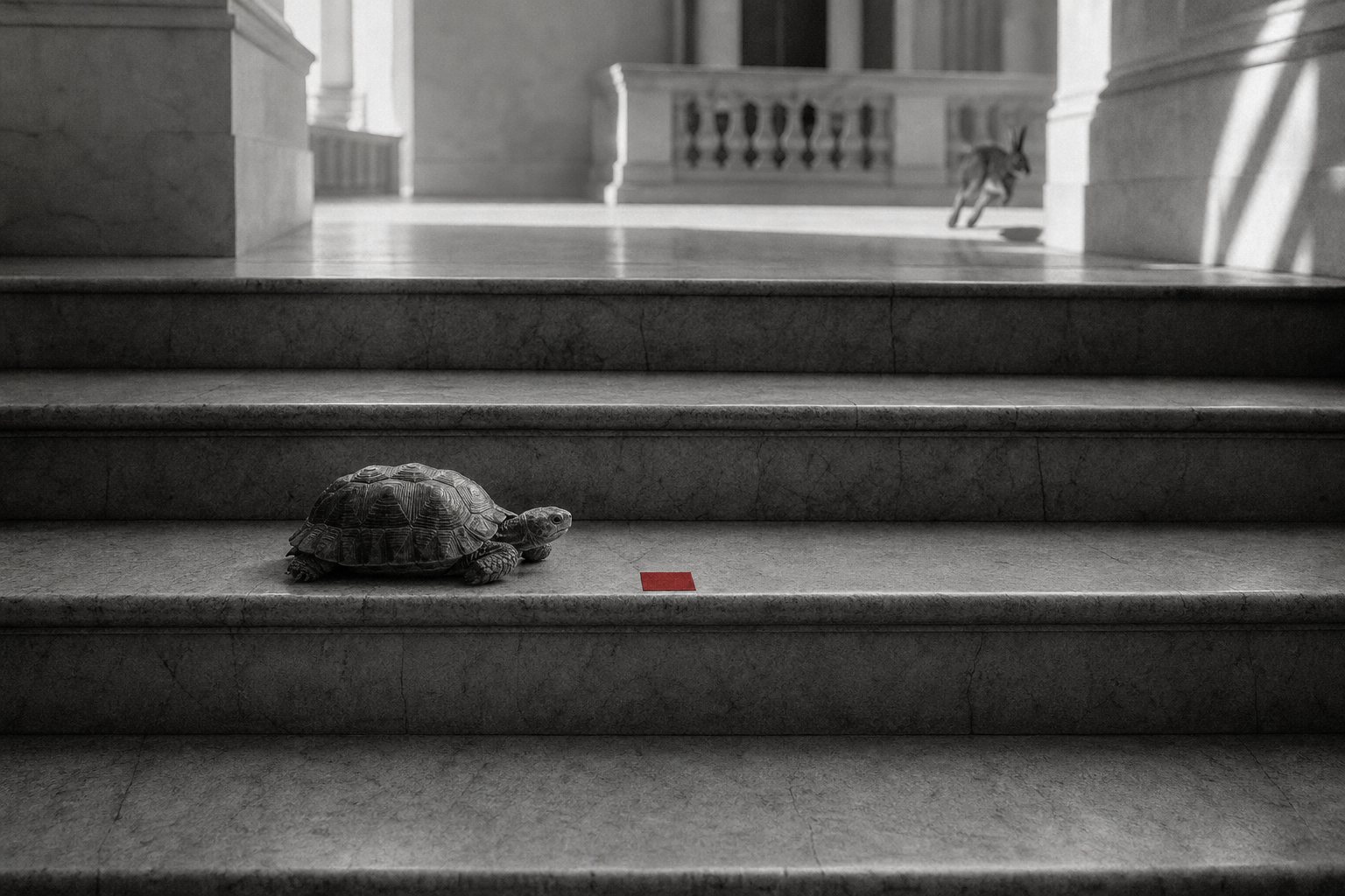 Black-and-white photo of a tortoise resting on a wide stone staircase beside a small red square tile, while a hare races off in the background.
