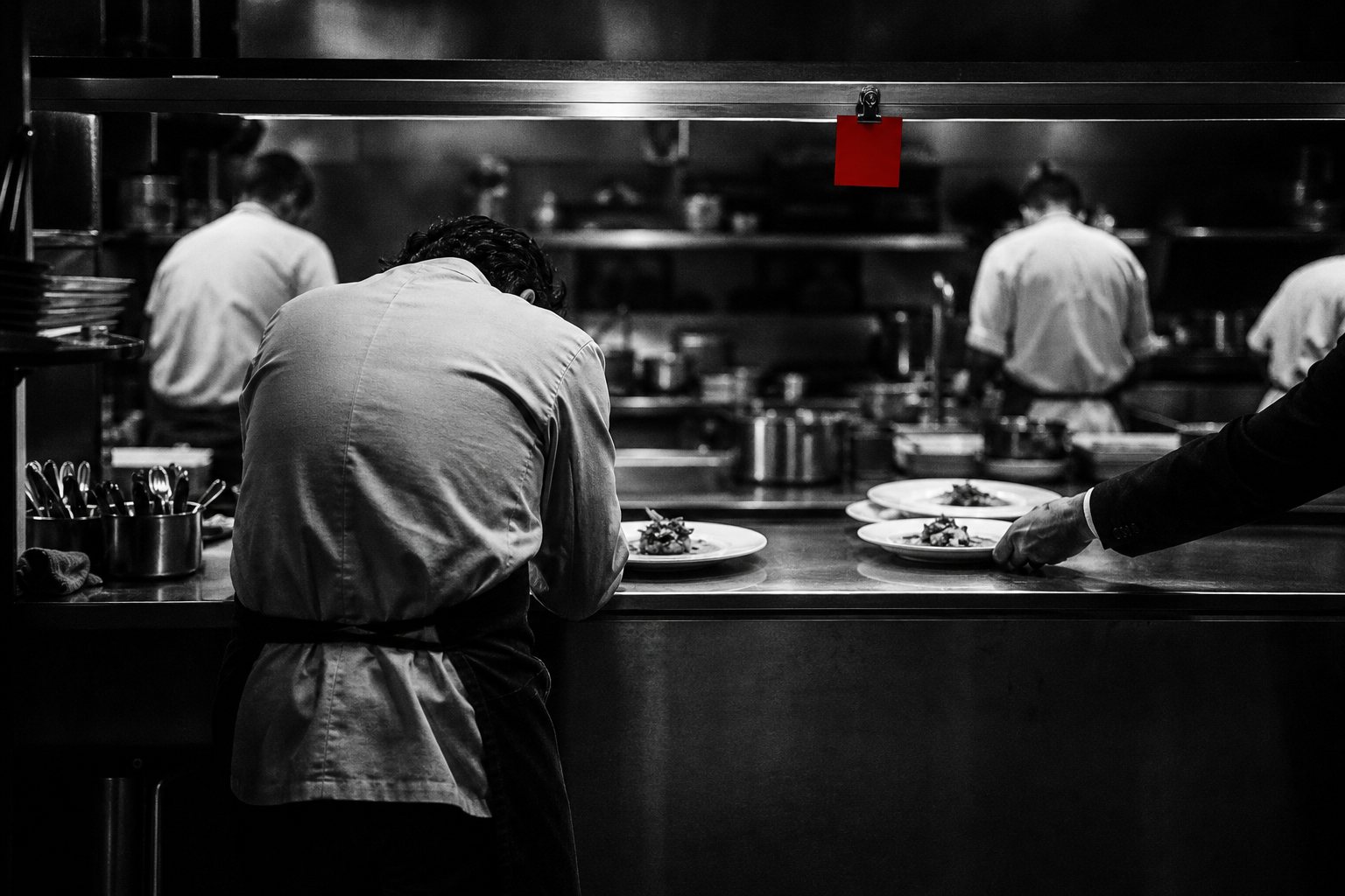 Black-and-white photo of a restaurant kitchen pass: cooks work at the stoves, the head chef seen from behind inspects a plate, and a waiter's hand reaches for finished dishes beneath a small red ticket.