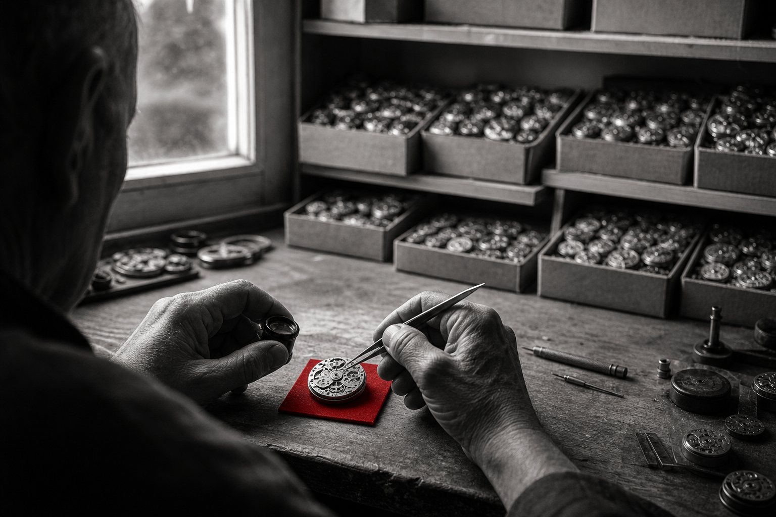 Black-and-white photo of a watchmaker's hands assembling a delicate mechanical movement on a small red felt pad, with boxes of mass-produced movements on the shelves behind.