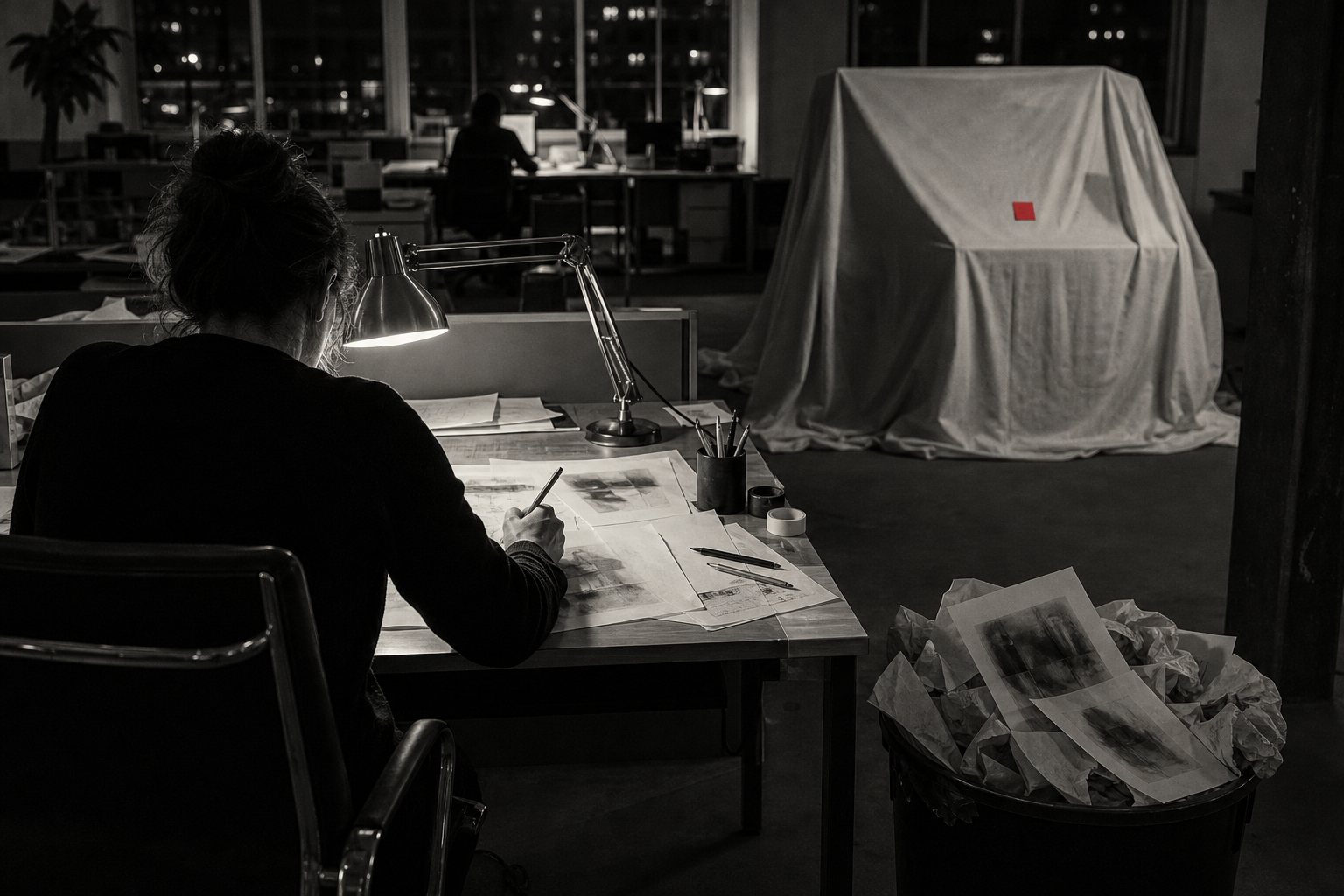 Black-and-white photo of a designer seen from behind drawing by hand late at night, a bin of rejected machine-printed drafts beside her and an unused machine under a dust sheet bearing a small red note.