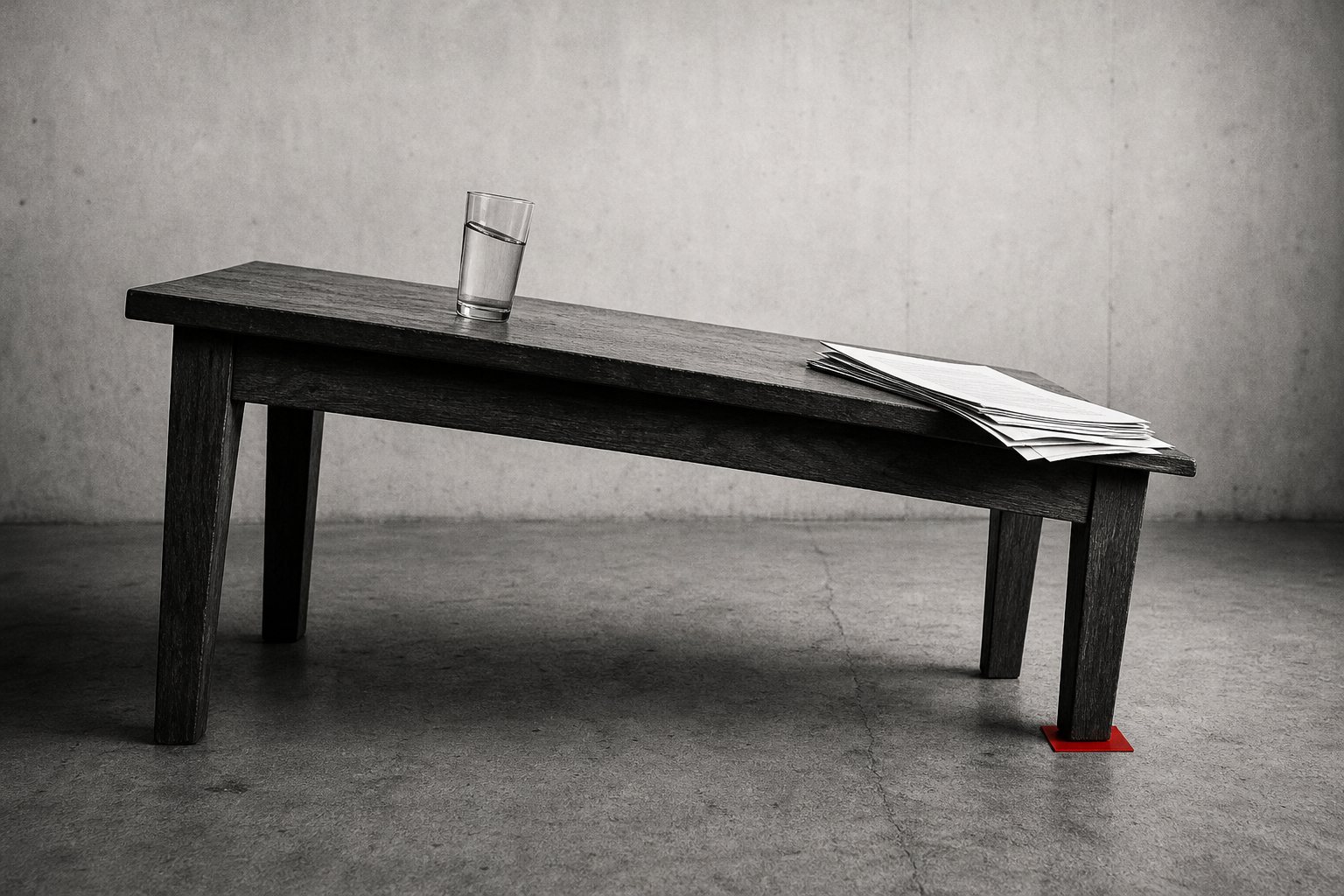 Black-and-white photo of an oak table tilting on a concrete floor because one leg is shorter, a glass of water and a stack of papers on top and a small red tile beneath the short leg.