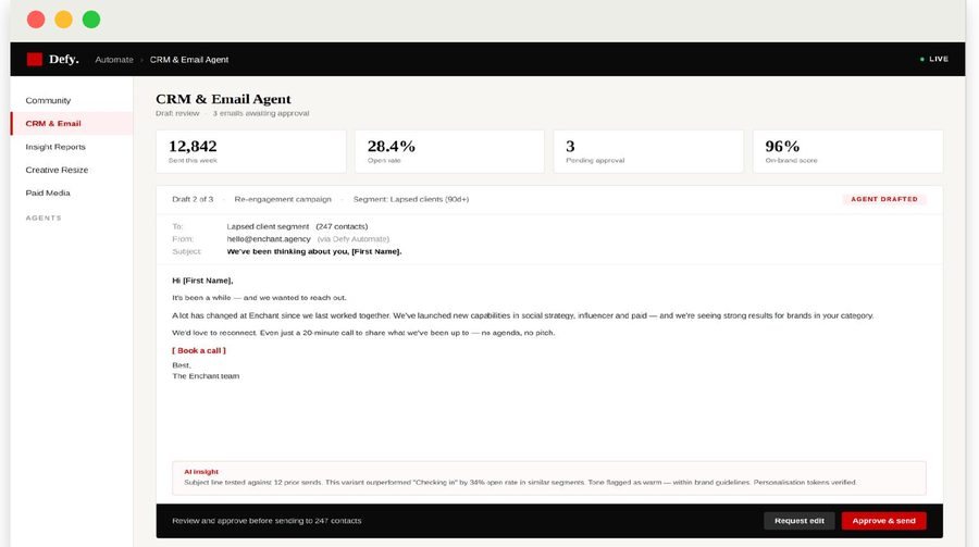 Defy Agents CRM workflow automating repetitive agency delivery